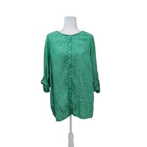 Tahari Kelly Green 100% Linen Button Down 3/4 Sleeve Tunic Top Womens‎ Plus Size